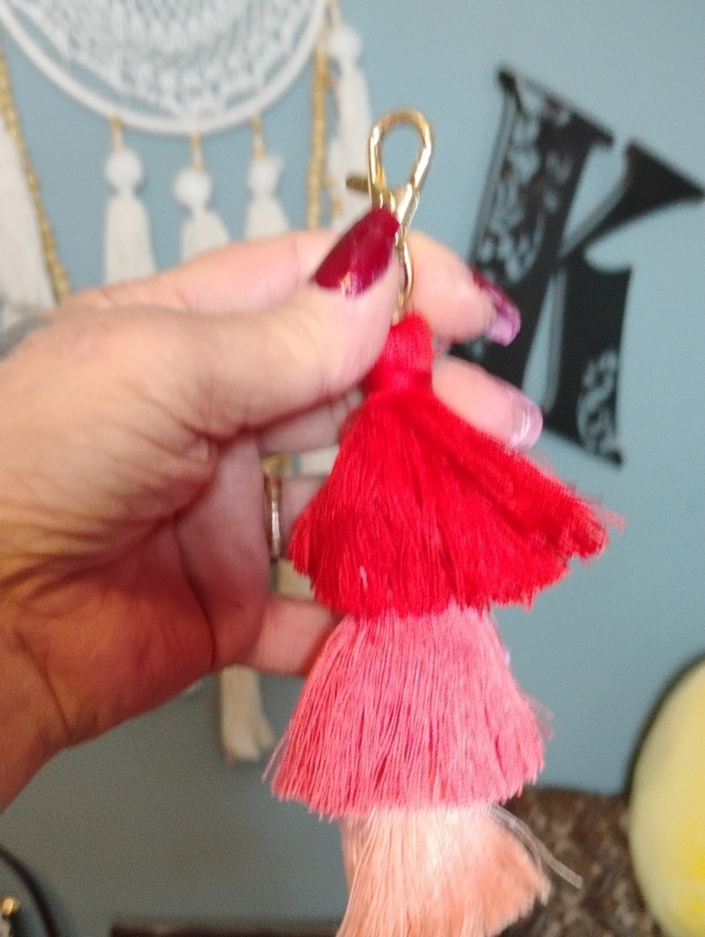 Three-Tier Tassel Bag Charm Keychain in Red and Pink